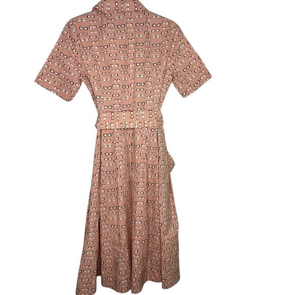 Boden Lunette Dress Size 4 Button Down Tie Sash Pockets Glasses Whimsical Pink - Picture 2 of 6